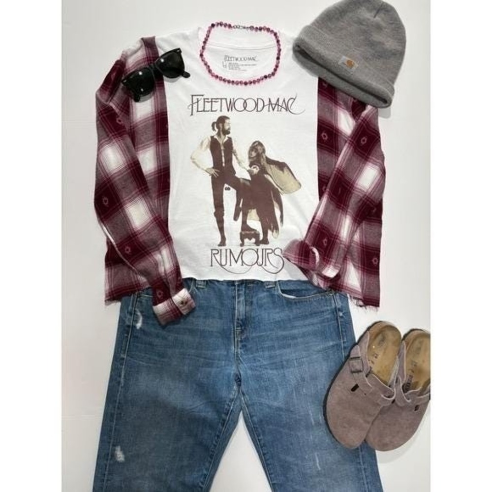 Fleetwood Mac Teeshirt and Flannel campfire shirt.